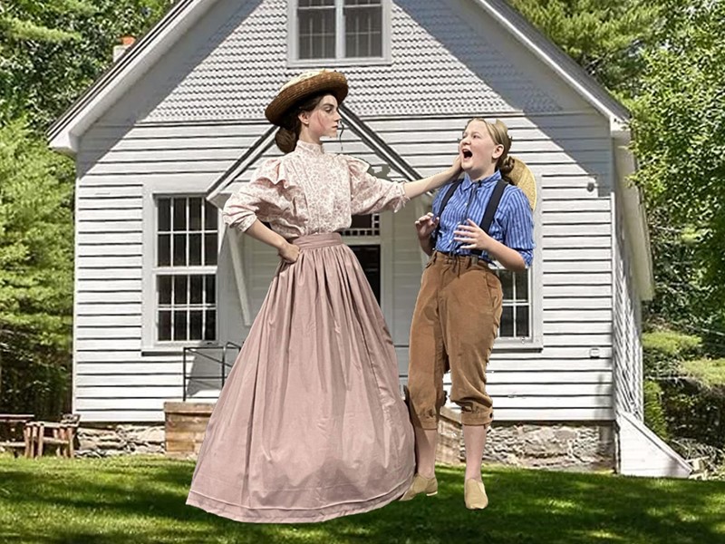 Aunt Polly (Josie Clark) scolds Tom Sawyer (Harper Kidd)